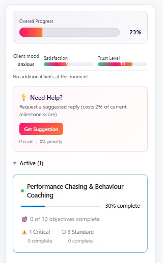 Coach panel showing milestones, progress bar, and coaching hints
