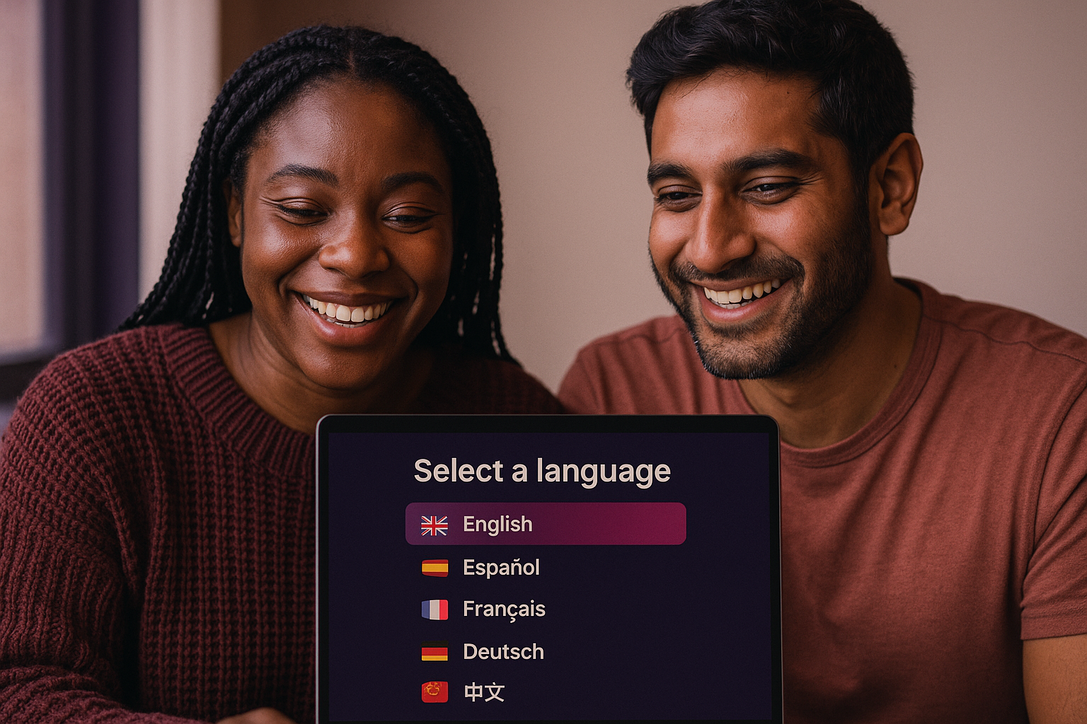 Interface showing language selection options