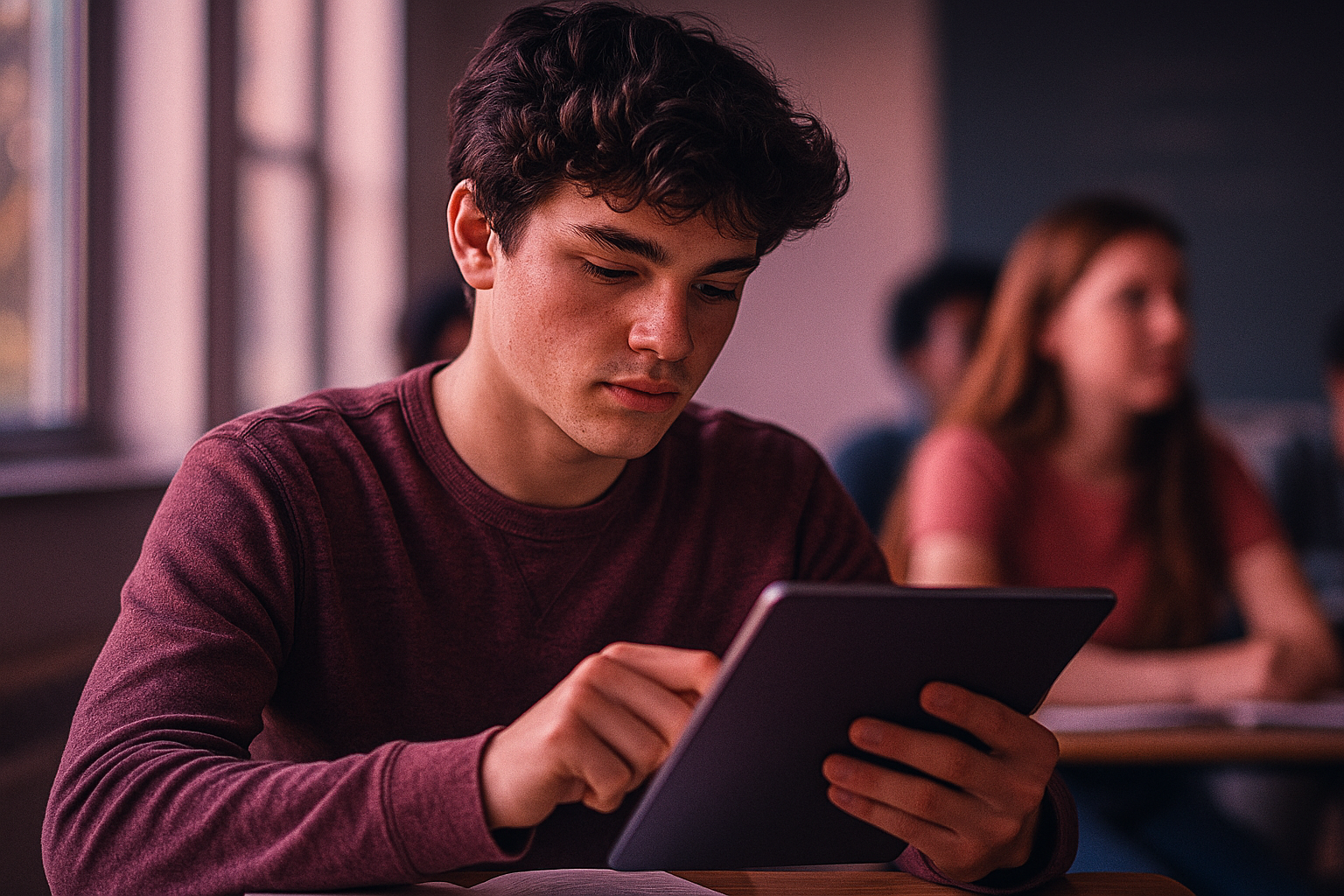 Student interacting with AI on a tablet
