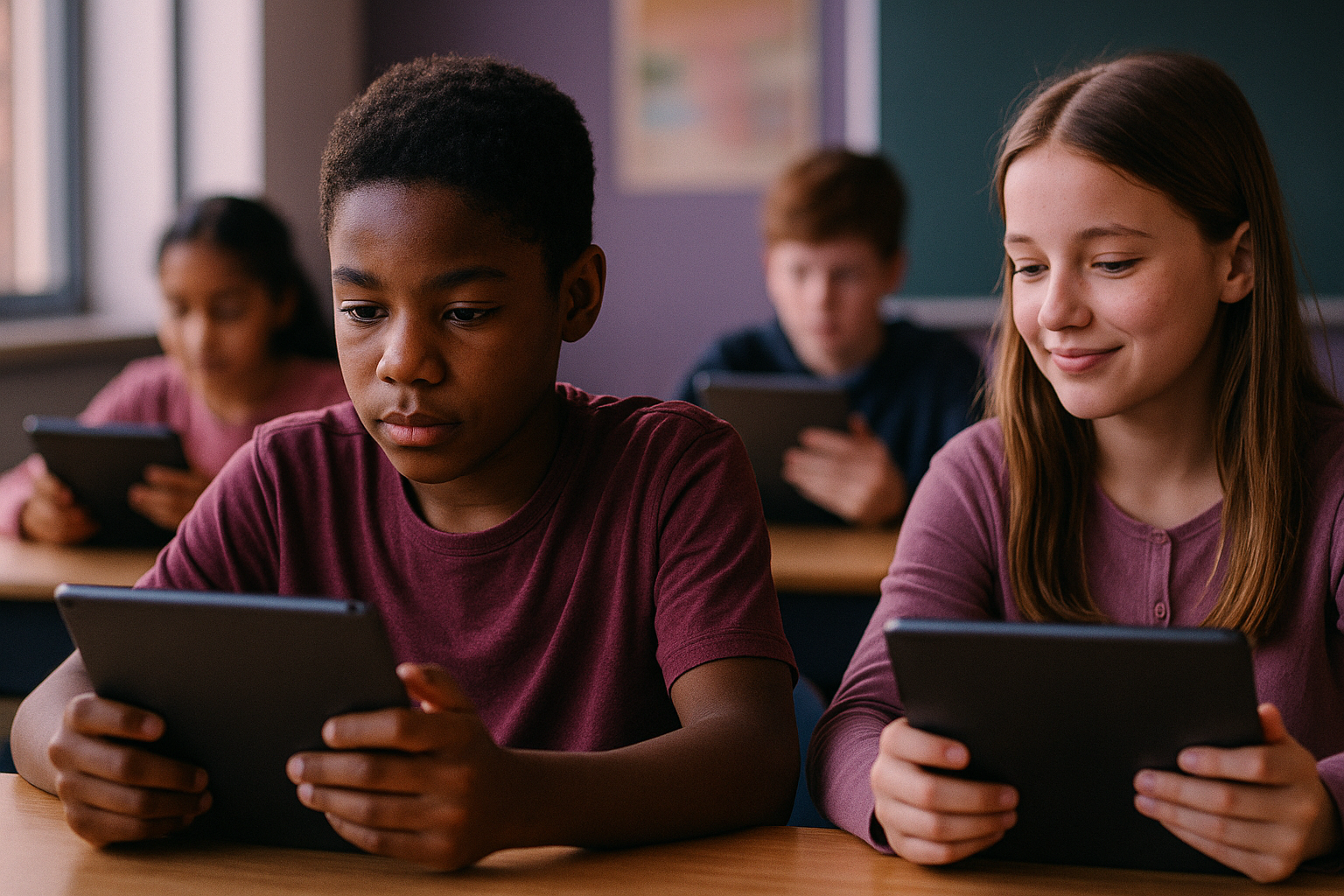 Classroom setting with students using tablets