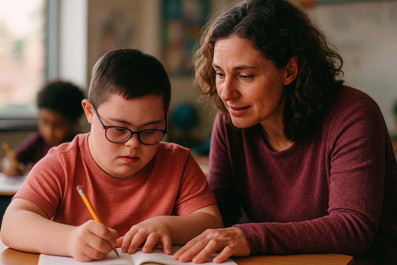 Teacher assisting a student with special needs