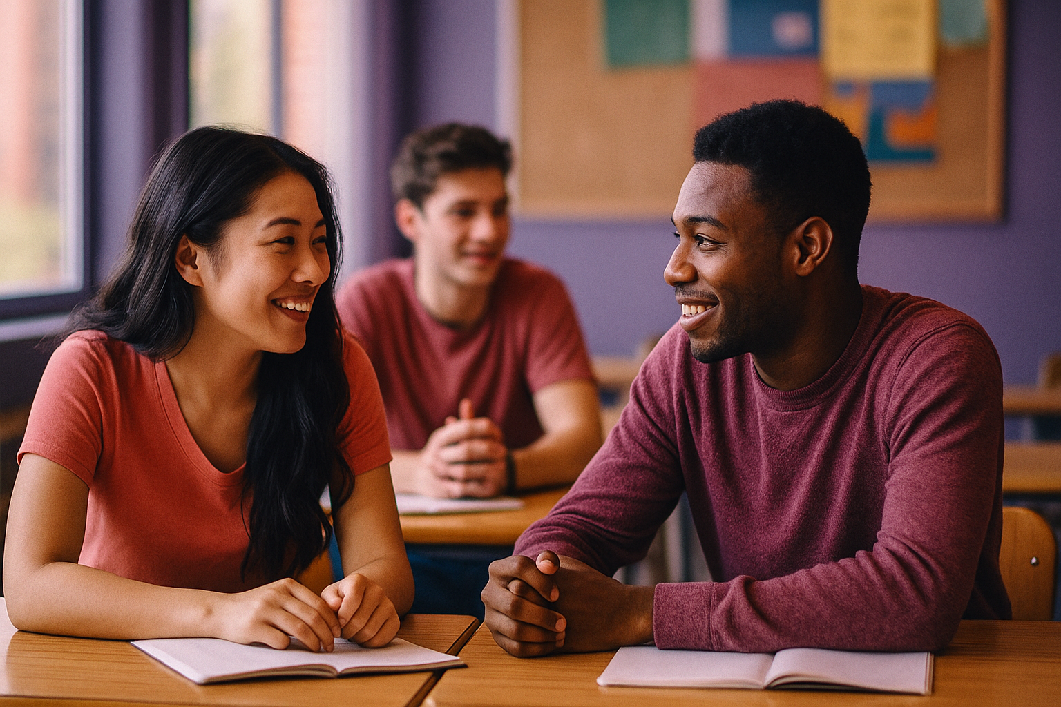 Students practicing language skills in pairs
