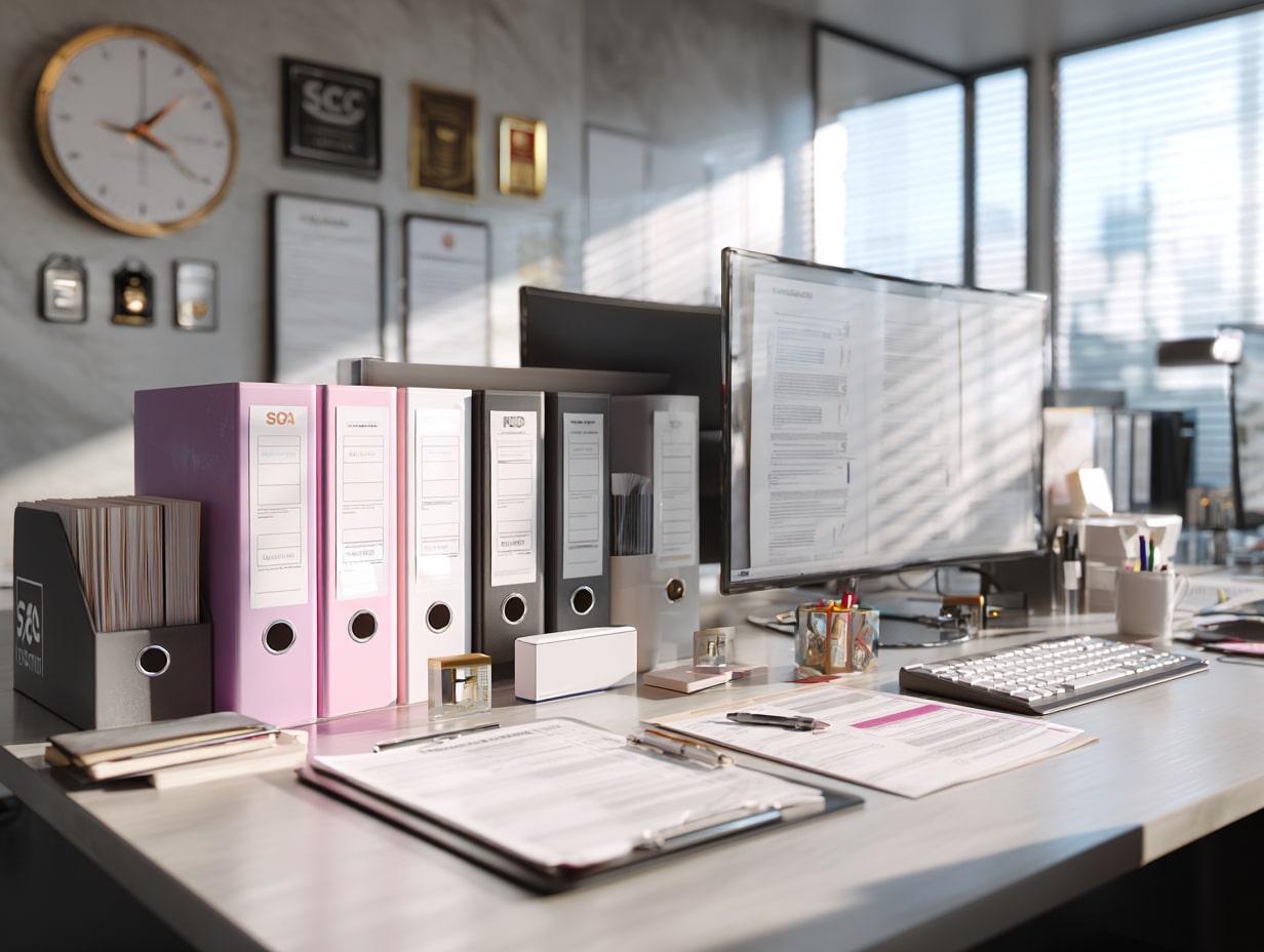 Professional workspace with compliance documents and regulatory materials